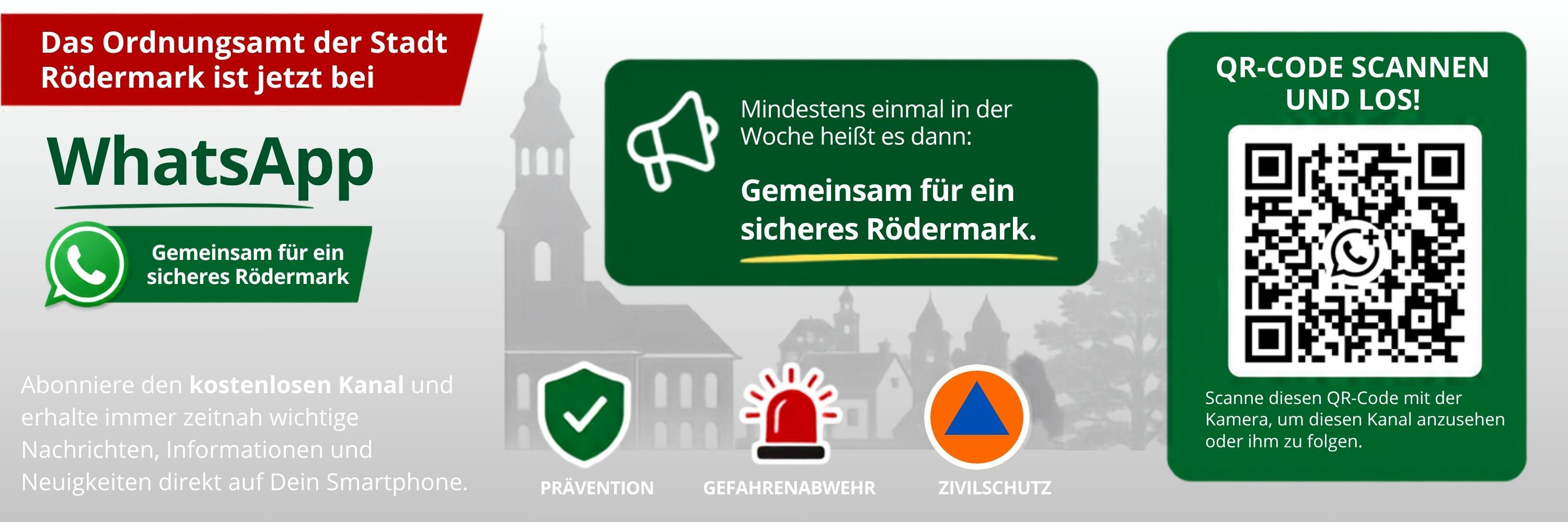 Banner mit den Informationen, dass das Ordnungsamt künftig auch über einen eigenen Whatsapp Kanal informiert und QR-Code, über den der WhatsApp-Kanal abonniert werden kann.