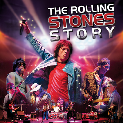 Bild der Rolling Stones mit Frontman Mick Jagger in große vor einem Bild der Coverband und dem Schriftzug The Rolling Stones Story.