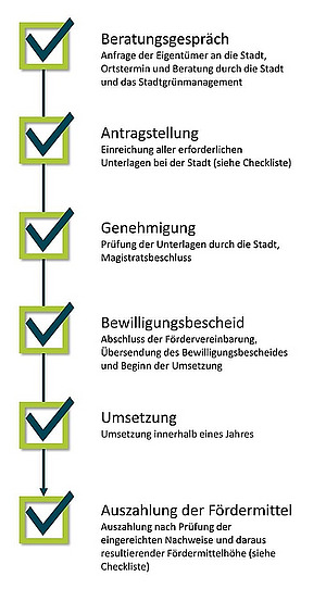Ablauf der Förderung: 1. Beratungsgespräch, 2. ntragsstellung 3. Genehmigung, 4. Bewilligungsbescheid, 5. Umsetzung, 6. Auszahlung der Fördermittel nach Prüfung der eingereichten Nachweise