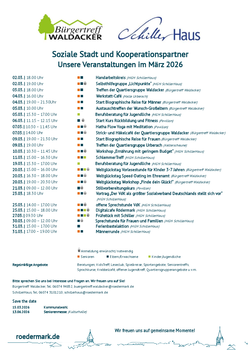 Kalenderübersicht der Termine im Bürgertreff Waldacker und SchillerHaus im März 2026.