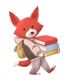 Illustration eines kleinen Fuchs mit Rucksack, Hose und Pullover, der einen Stapel Bücher trägt.