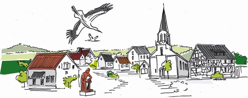 Gezeichnete Stadtsilhouette von Urberach mit Storch